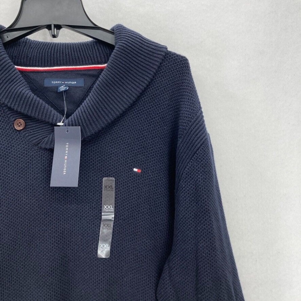 Tommy‎ Hilfiger Shawl Collar Pullover Sweater Mens 2XL Blue Long Sleeve Preppy - Picture 2 of 13